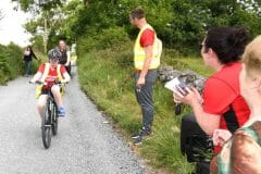 Robbie Maher, Caherlistrane, who only learned to cycle on the previous Thursday being cheered over the line by his proud mum Marie and granny Ita Courtney at the Castlehackett 8k.